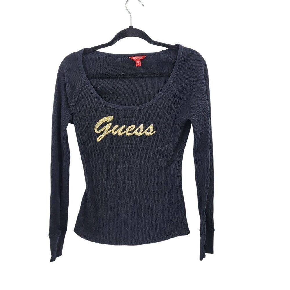 Y2K Guess Black‎ Long-Sleeve Thermal Knit Top Womens Sz M Gold Rhinestone Logo